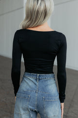 Everyday Lovely V Neck Long Sleeve Bodysuit (Black)