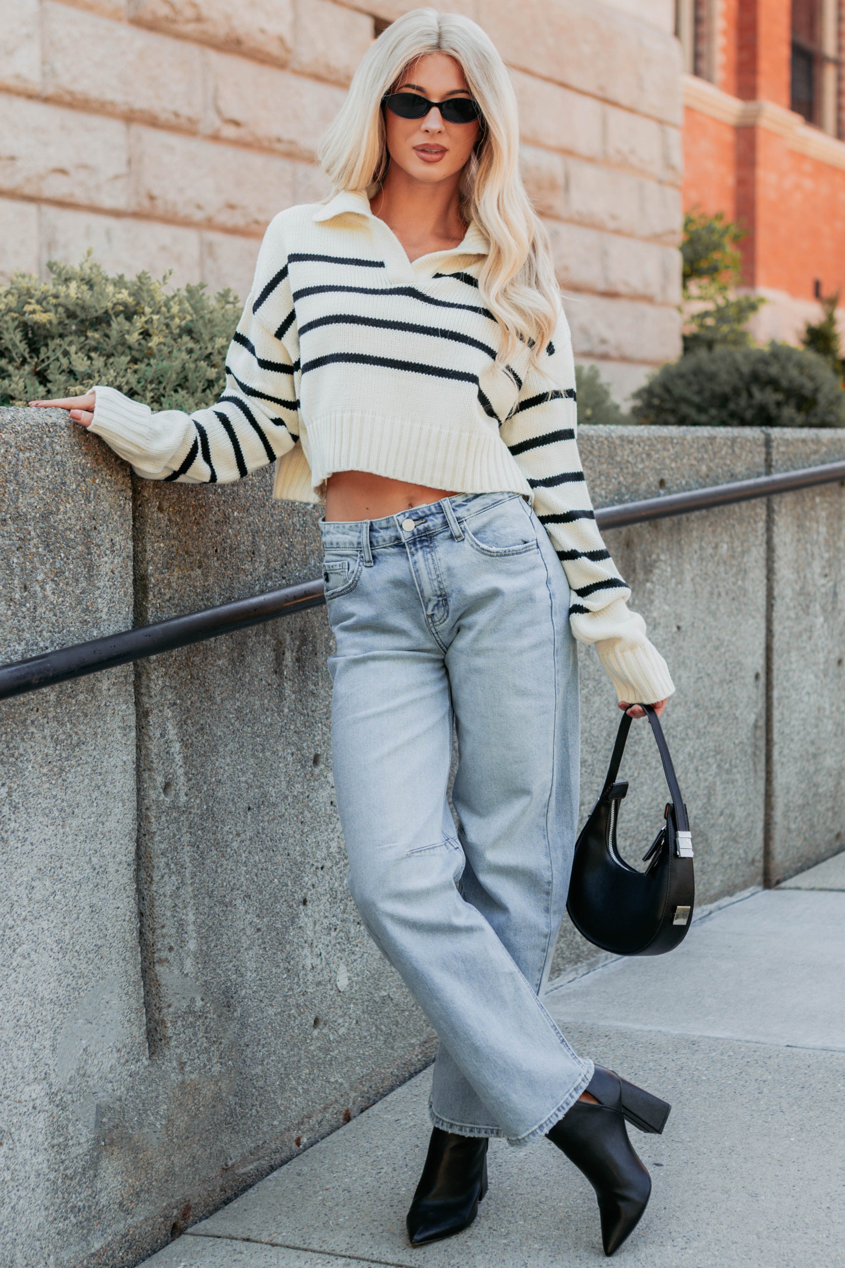 Leisure Time Striped Collared Sweater (Cream/Black)