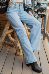 Crosby Wide Leg Mica Denim Cargo Jeans (Light Wash)