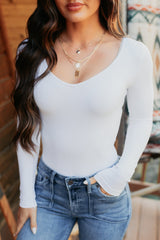 Everyday Lovely V Neck Long Sleeve Bodysuit (White)
