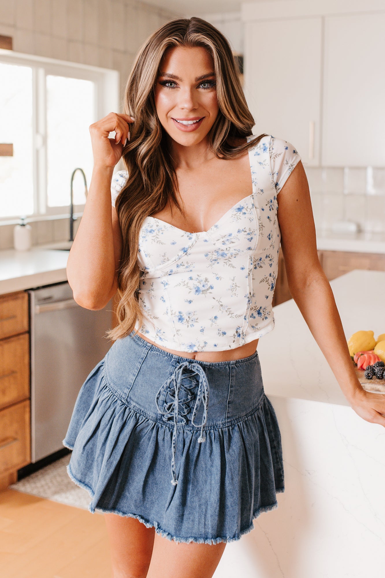 Flirty Flair Printed Cap Sleeve Top (White/Blue Floral)