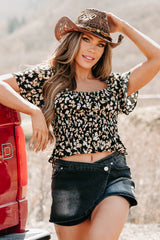 Whimsical Heart Smocked Floral Top (Black)